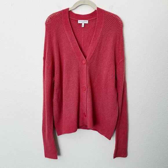 [Michael Stars] Pink Wool Blend Open Knit Cozy V-Neck Cardigan Sweater Sz Large - Picture 1 of 11